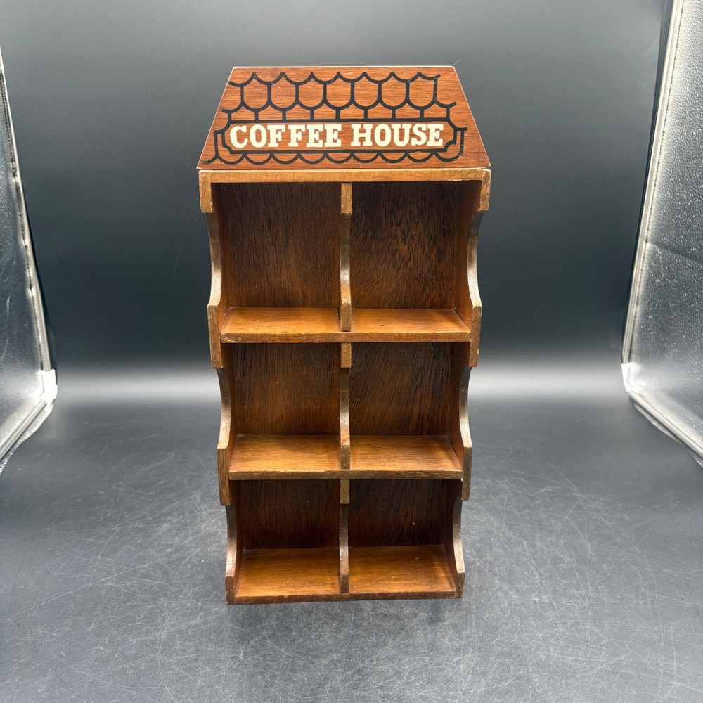 Vintage Wood Coffee House Spice Rack Wall Hanging 6 Slot Shadow Box Display